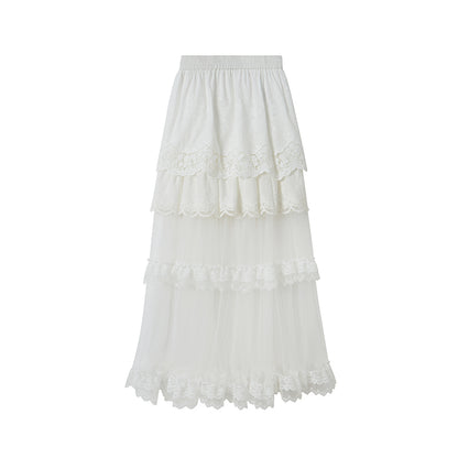 Frilled Embroidered Lace Sheer Long Skirt