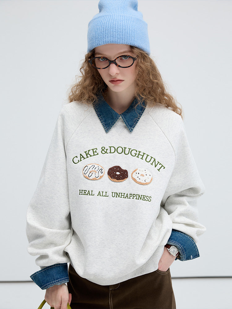 Donut Embroidery Raglan Sleeve Sweatshirt