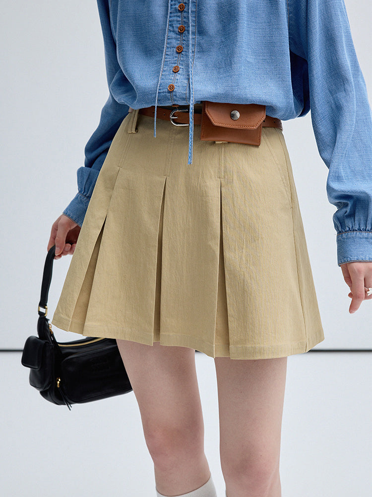 Tie Neck Blouse, Pleated Zip Mini Skirt, Belt