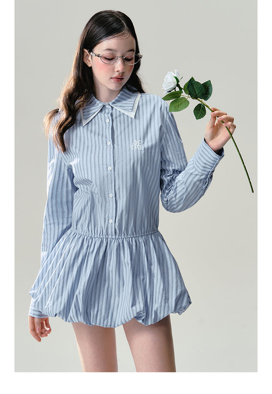 Layered Collar Glitter Striped Balloon Shirt Dress