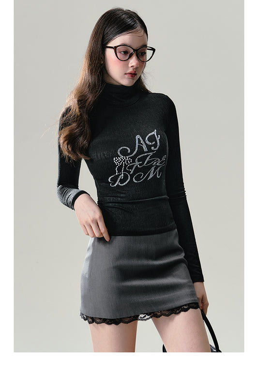 Fitted Textured Turtle Neck Letter Top