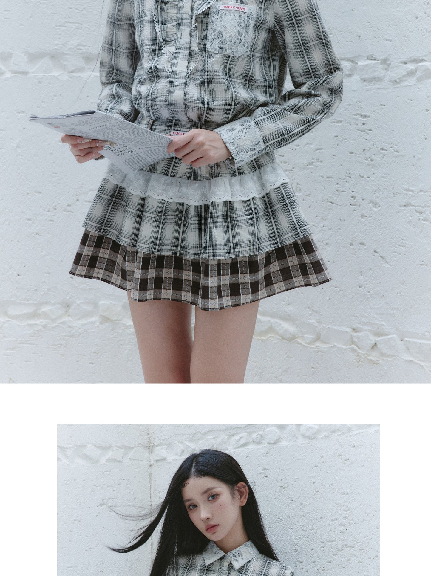 Plaid Frilled Cotton Shirt, Layered Mini Skirt