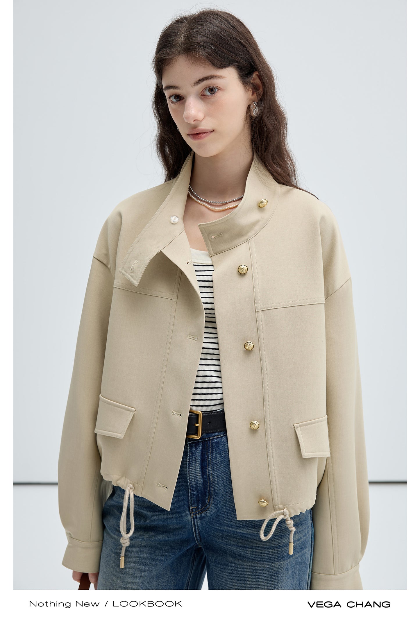 Stand Collar Drawstring Hem Short Jacket