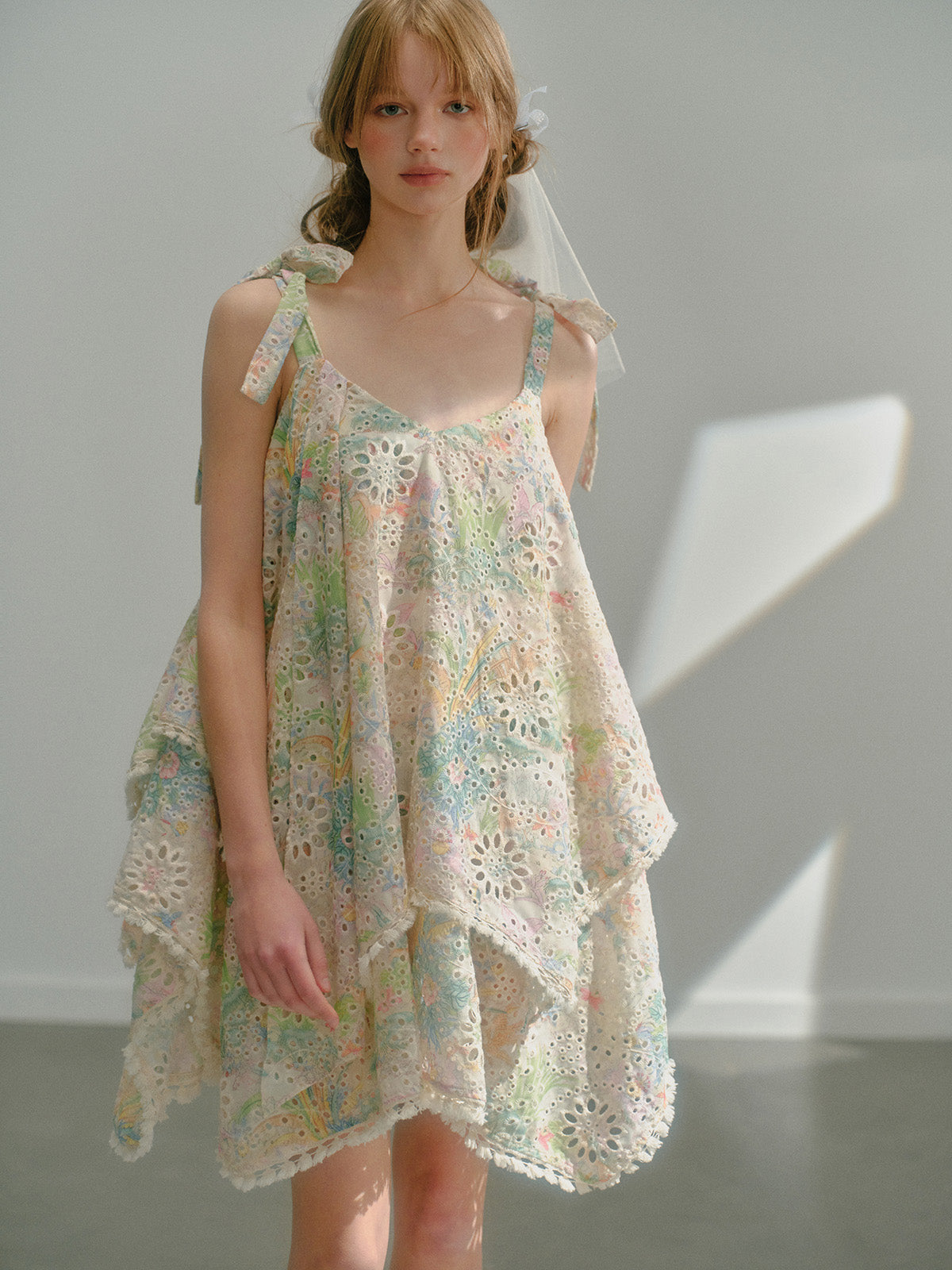 Asymmetrical Floral Eyelet Embroidery Short Dress