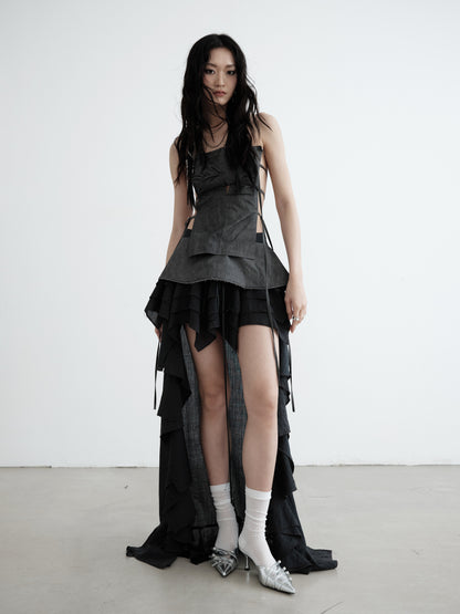 Long-Tailed Asymmetrical Lace-Up Ruffle Skirt