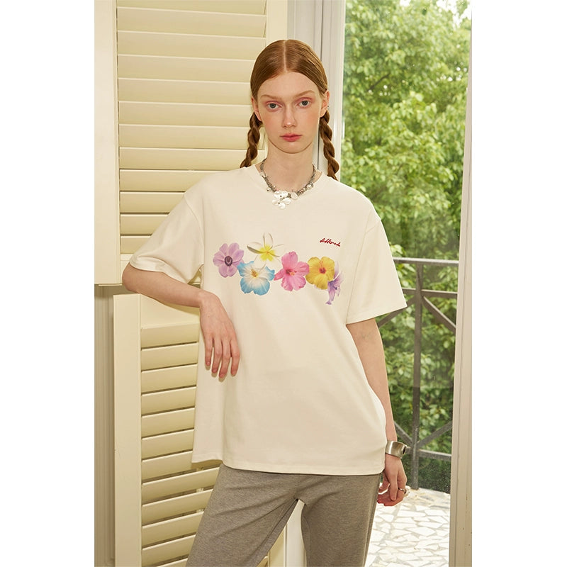 Oversized Blooming Tropical Flower Print Round Neck T-Shirt