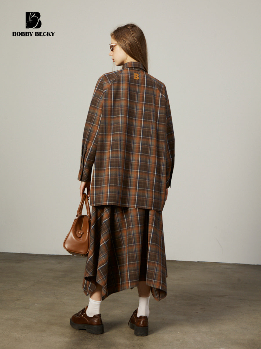 Plaid Longline Shirt And Asymmetrical Midi Skirt