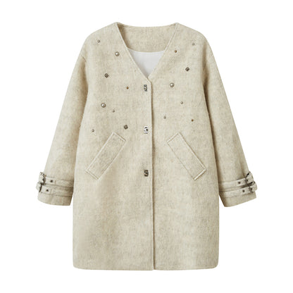 Wool Blend Studded V-Neck Coat