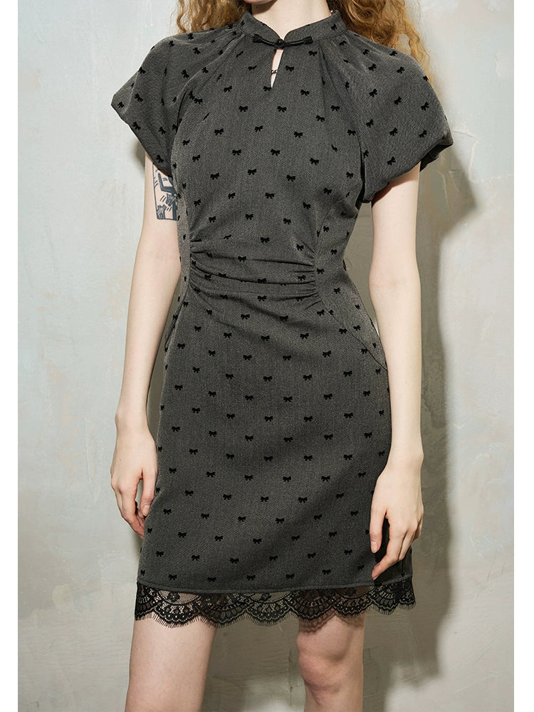 Qipao Style Mini Dress With Bow Pattern And Balloon Sleeves