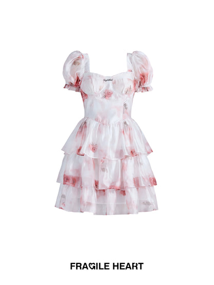 Rose Print Puff Sleeve Ruffled Glossy Chiffon Dress