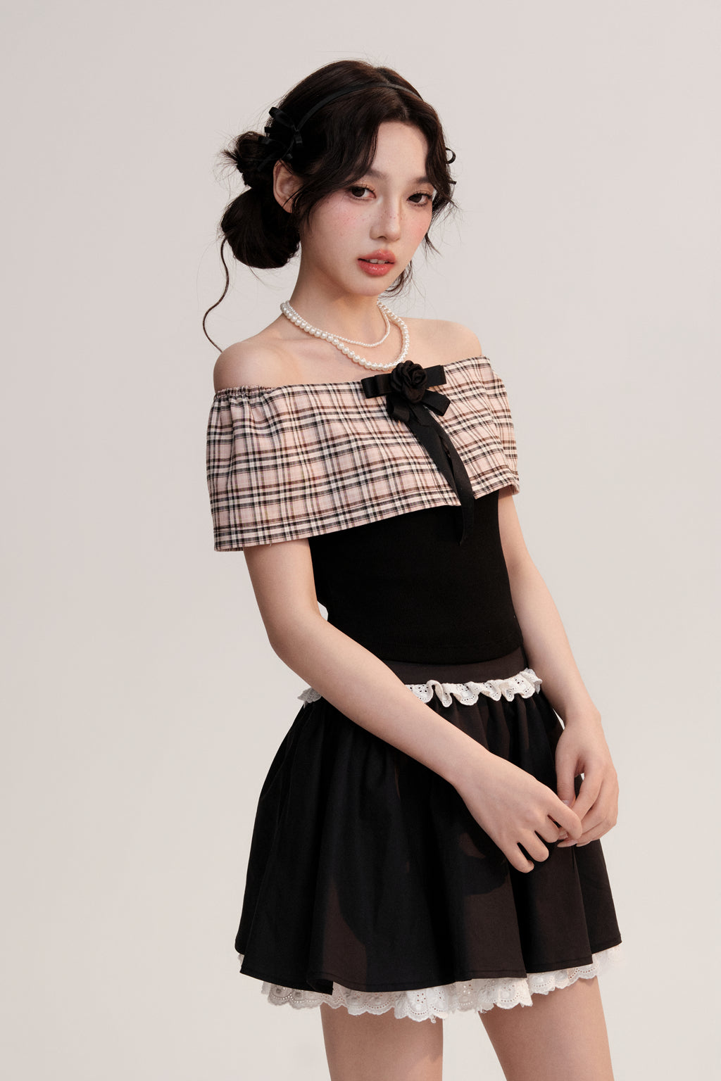 Plaid Off-Shoulder Rib Top And Frilled Zip Skirt