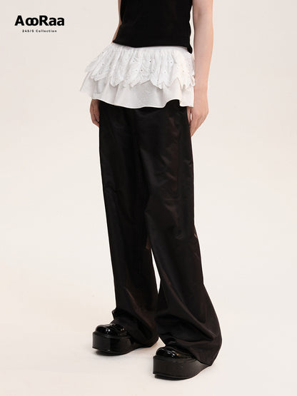 Frilled Lace Waist Straight Leg Trousers