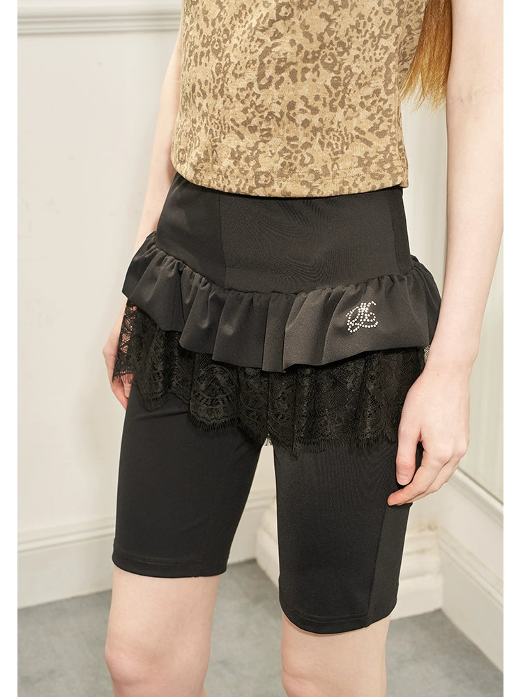 Ballet Yoga Style Lace Elastic Shorts With Rhinestones