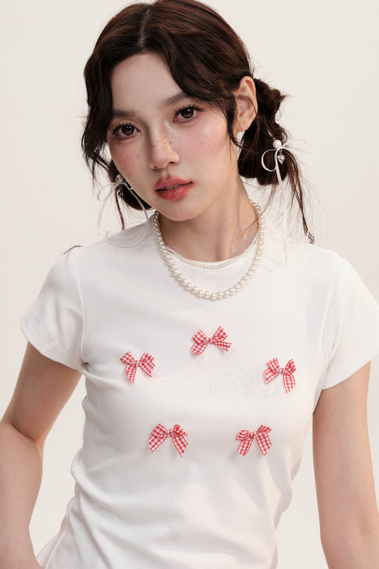 Bow Motif Letter Round Neck Comfortable T-Shirt