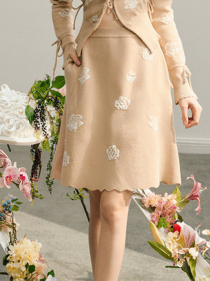 Flower Textured Jacquard Tie Knit Cardigan And Skirt