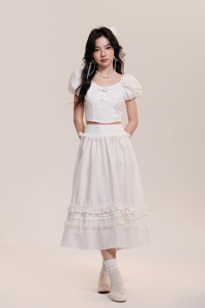 High Waist Lace Frilled Zip Up Flare Long Skirt