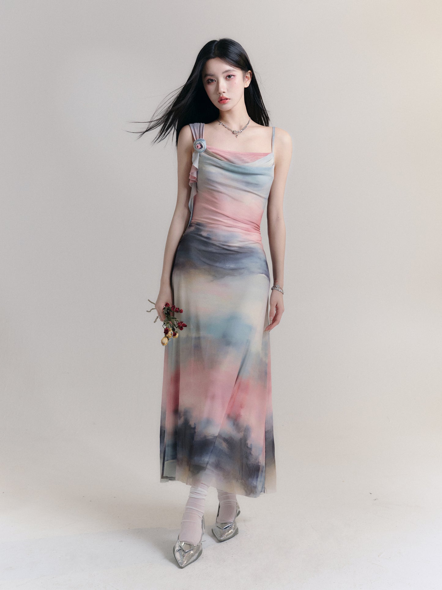 Vibrant Gradient Flower Drape Strapped Dress