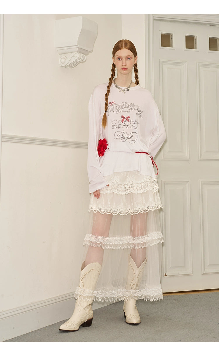 Frilled Embroidered Lace Sheer Long Skirt