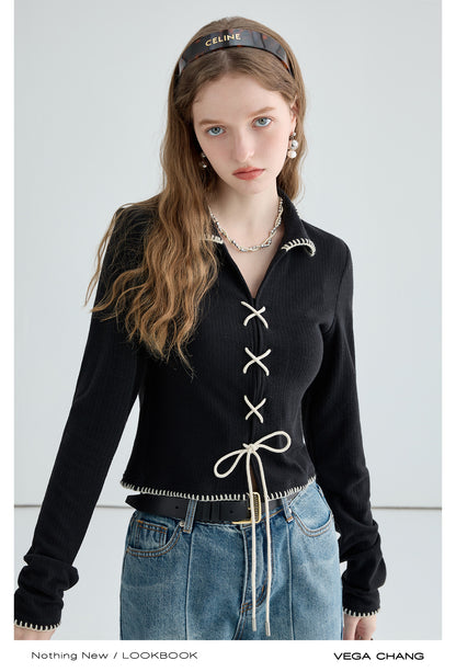 Lace-Up Design Stitched Edge Rib Knit Top