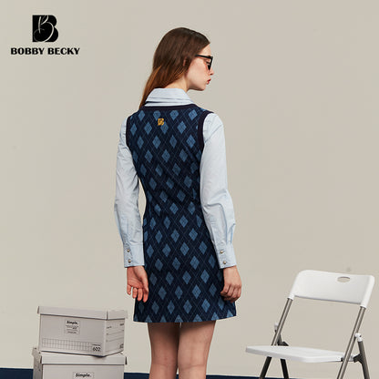 College Style Argyle Print Denim Vest Dress