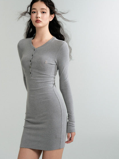 Simple Henley Neck Slim Fit Knit Mini Dress