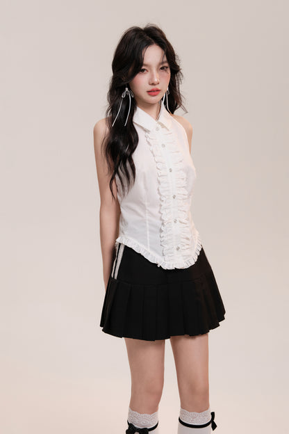 Sleeveless Frilled Lace Placket Round Hem Shirt