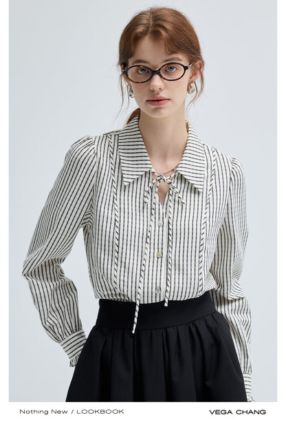 Tie Neck Frill Cuff Contrast Striped Blouse