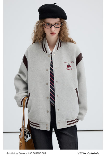 Cherry Embroidery Two-Tone Varsity Jacket