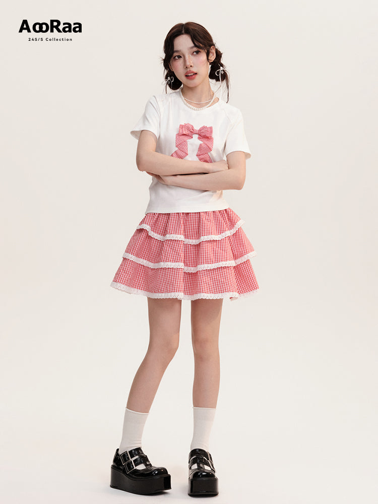 Checkered Three Dimensional Bow Round Neck T-Shirt