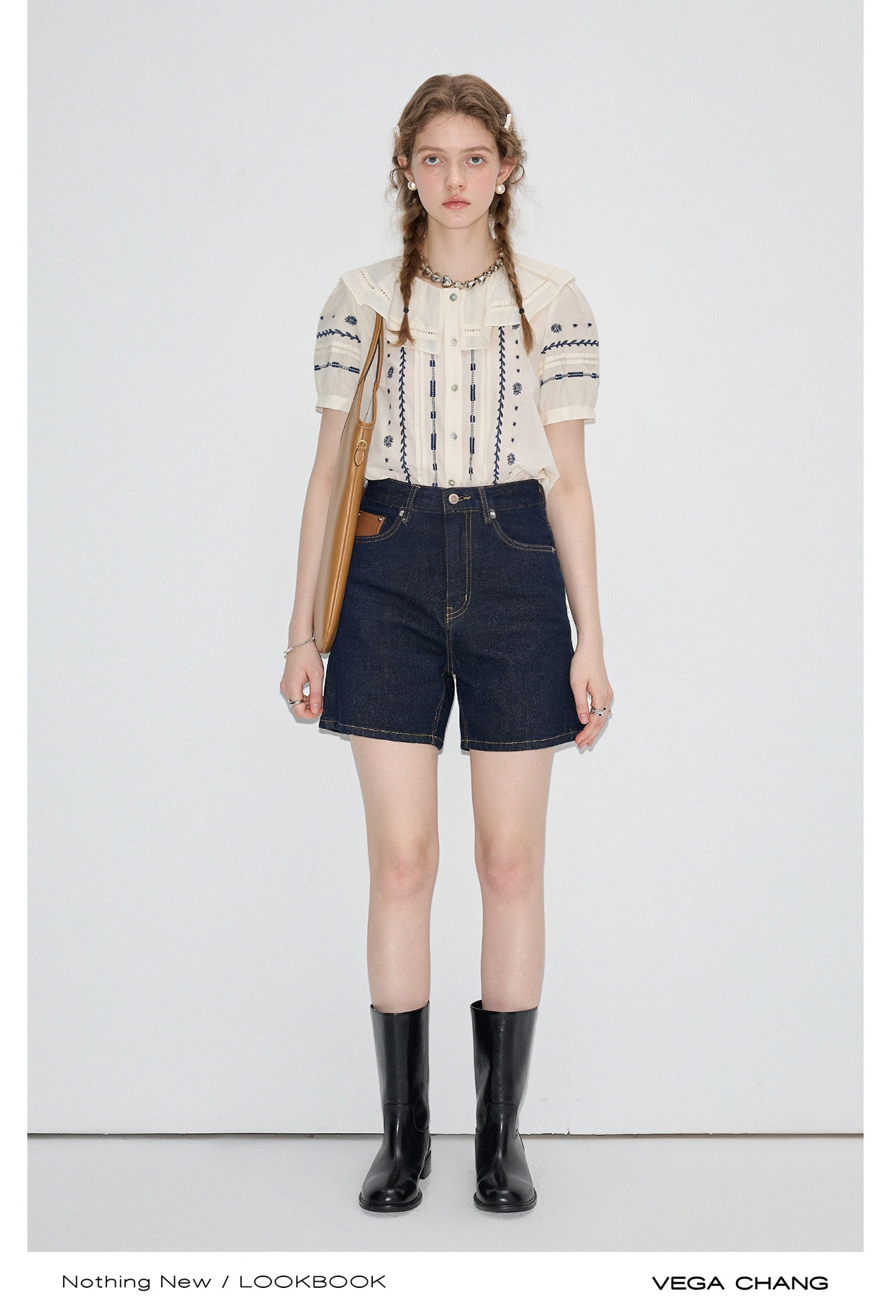 Embroidered Blouse And High Waist Denim Shorts