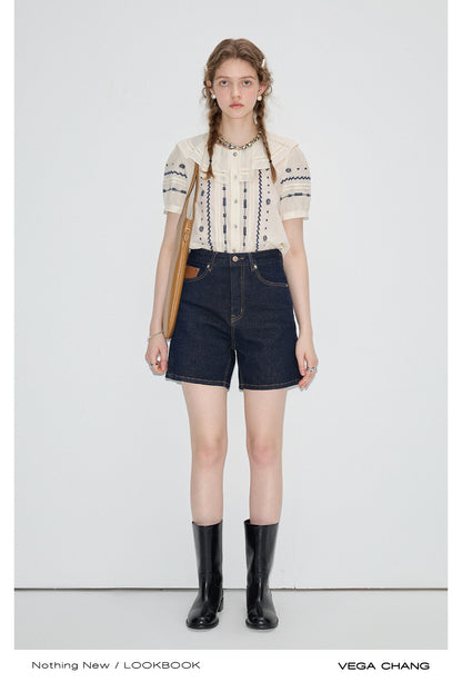 Embroidered Blouse And High Waist Denim Shorts