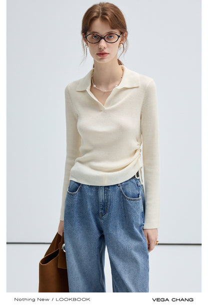 Plain Polo Rib Knit Top And Flared Slim Pants