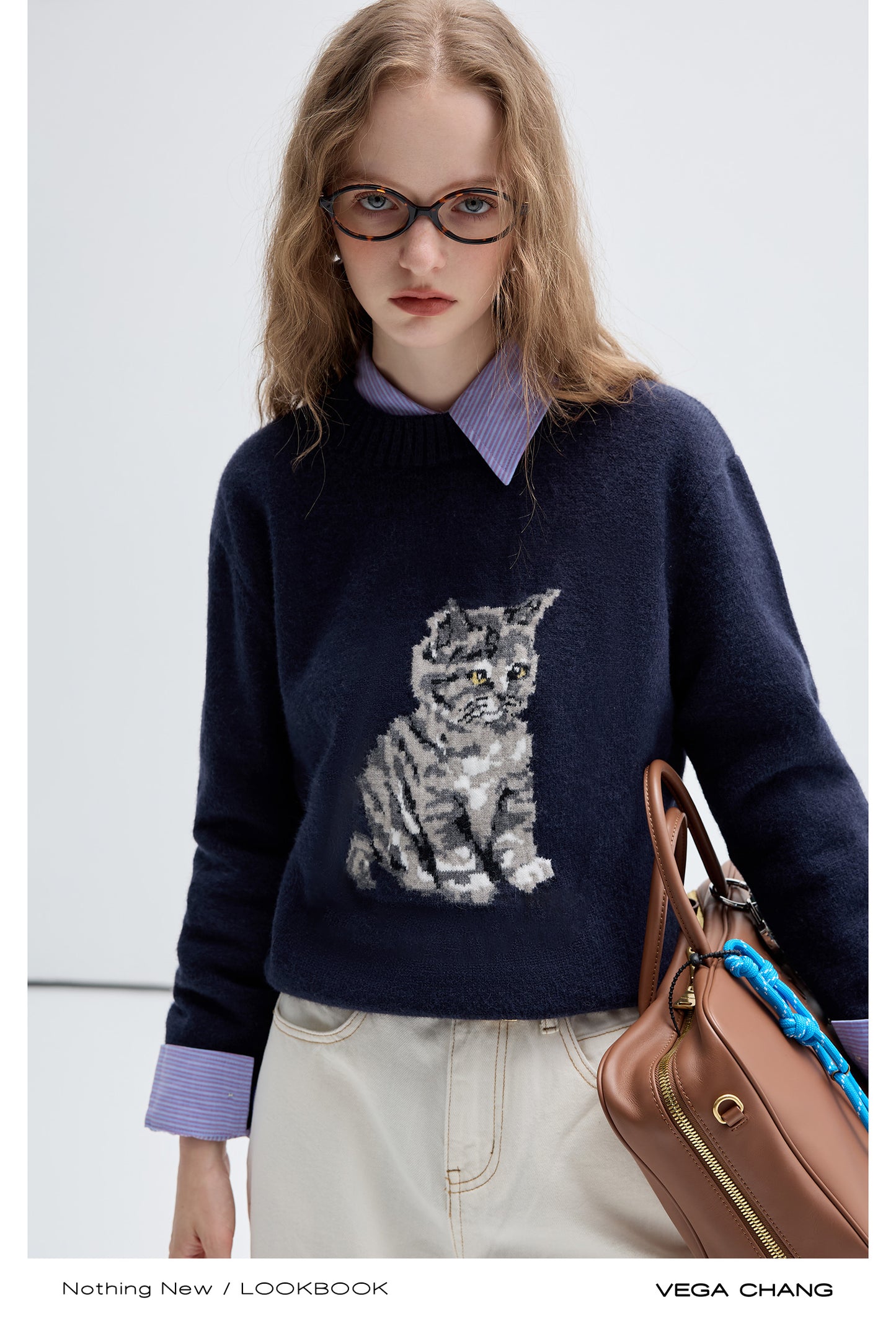 Jacquard Crew Neck Kitten Sweater