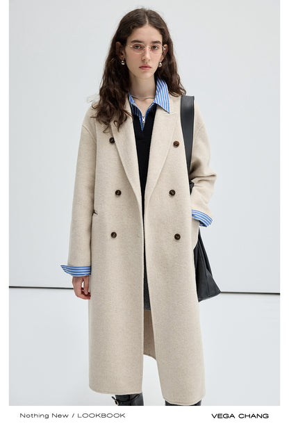 Wool Silk Blend Long Double-Breasted Coat