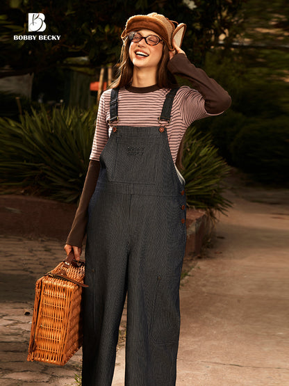 Striped Cropped Wide-Leg Denim Overalls