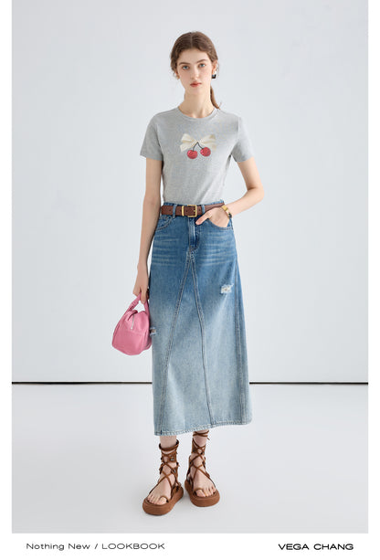 Faux Layered T-Shirt And Long Washed Denim Skirt