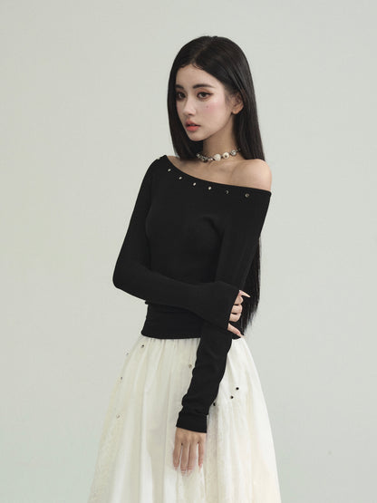 Studded Off Shoulder Top And Lace Patched Skirt