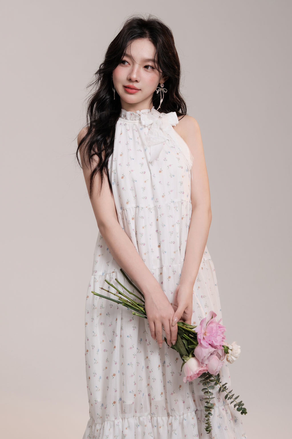 Floral Frill Neck Long Flowy Dress With Bow