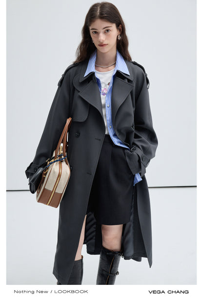 Belted Trench Coat With Faux Two-Piece Stripe Shirt