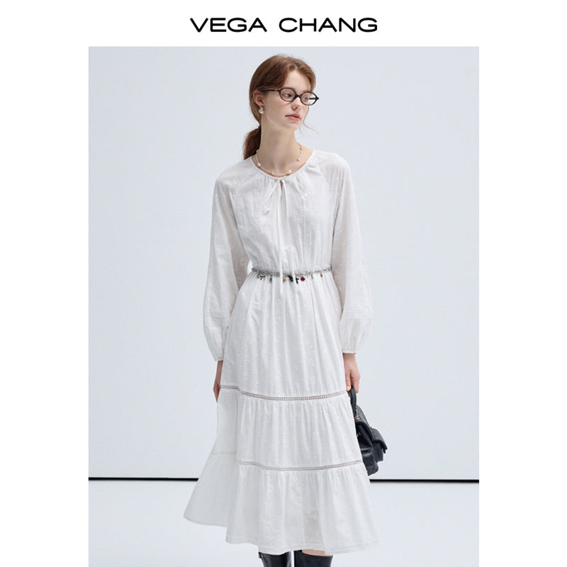 String Tie Neck Embroidery Long Tiered Smock Dress