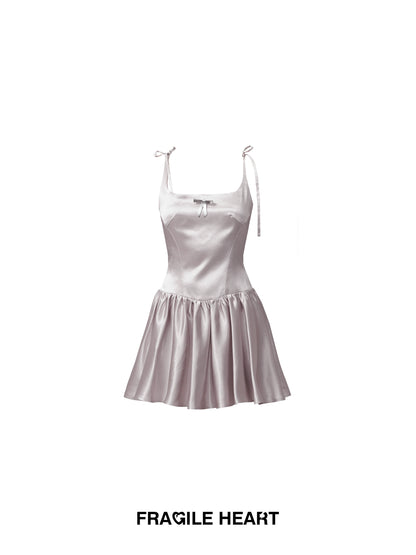 Satin Flowy Short Dress With Removable Faux Leather Bow