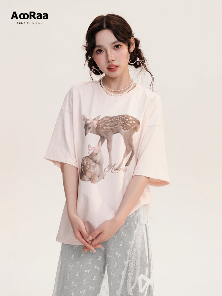 Oversized Deer Print Round Neck Cotton T-Shirt