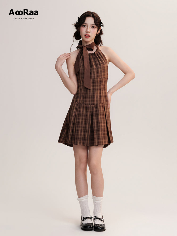 Two-Way Straps Plaid Pleated A-Line Dress