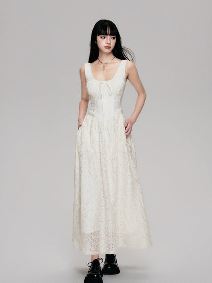 Eyelet Embroidered Lace Gathered Neck Long Dress