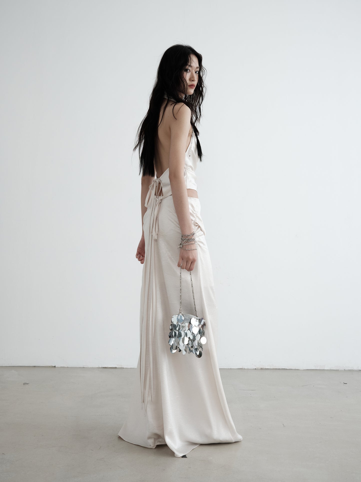 Asymmetrical Satin Draped Top And Maxi Skirt Set