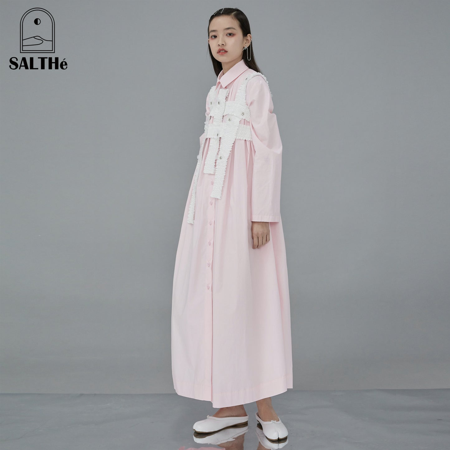 Relax Fit Pleated Cotton Long Shirt Dress