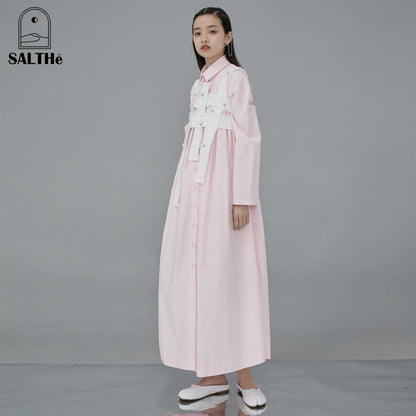 Relax Fit Pleated Cotton Long Shirt Dress