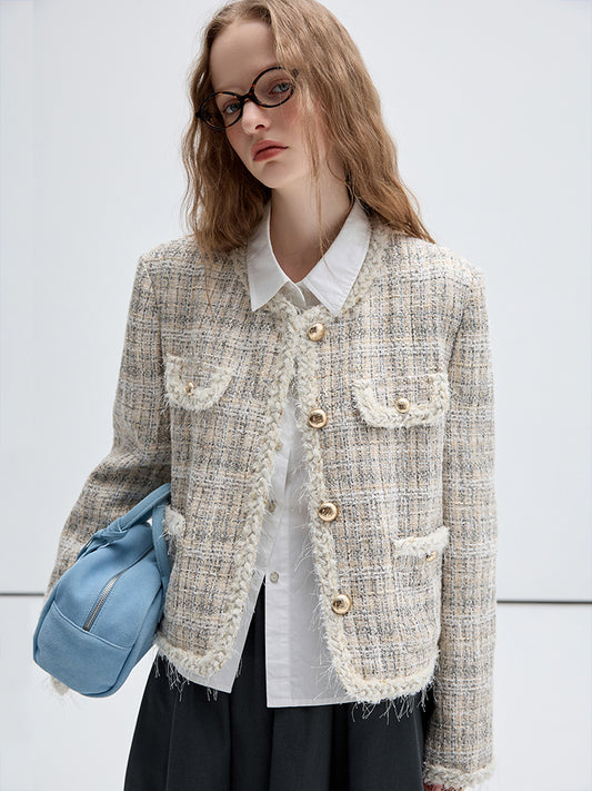 Tweed Braided Trim Collarless Jacket