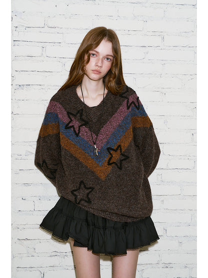 Wool Blend V Stripe Star Retro Knit Sweater