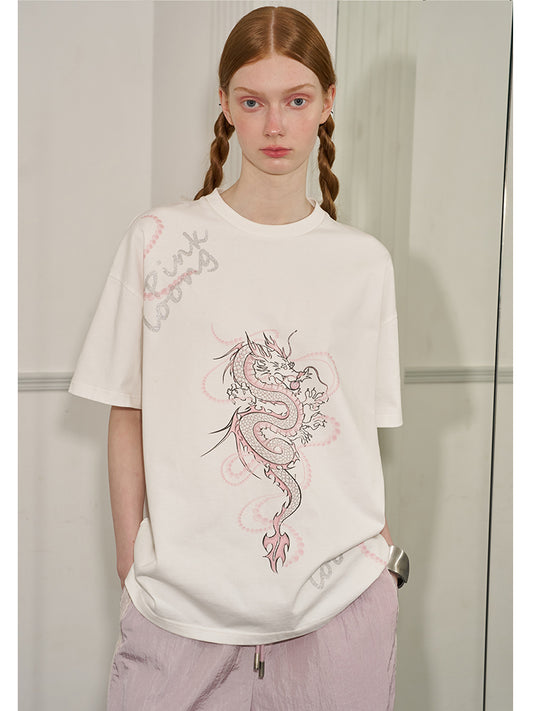 Glitter Lettered Dragon Print Oversized T-Shirt